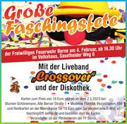 Plakat für die Große Faschingsfete der Freiwilligen Feuerwehr Berne, mit der Liveband "Crossover" und der Diskothek. Termin und Infos zum Vorverkauf: siehe Text unten.